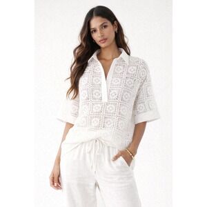 NWT Massimo Dutti White Crochet Lace Polo Shirt Short Sleeve Sheer See-thru  S